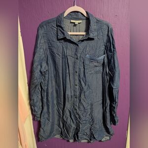 💜 Woman Within Shimmer Jean Split Hem Button Down Shirt 2X 18 20